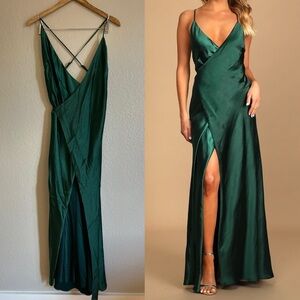 Fondly Loved Dark Green Satin Wrap Maxi Dress